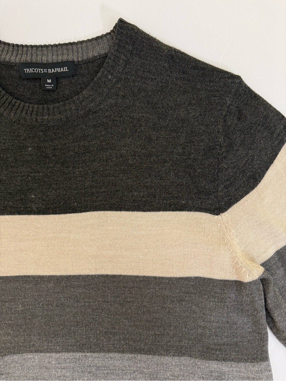Tricots St. Raphael Gray, Brown & Cream Striped Crewneck Sweater